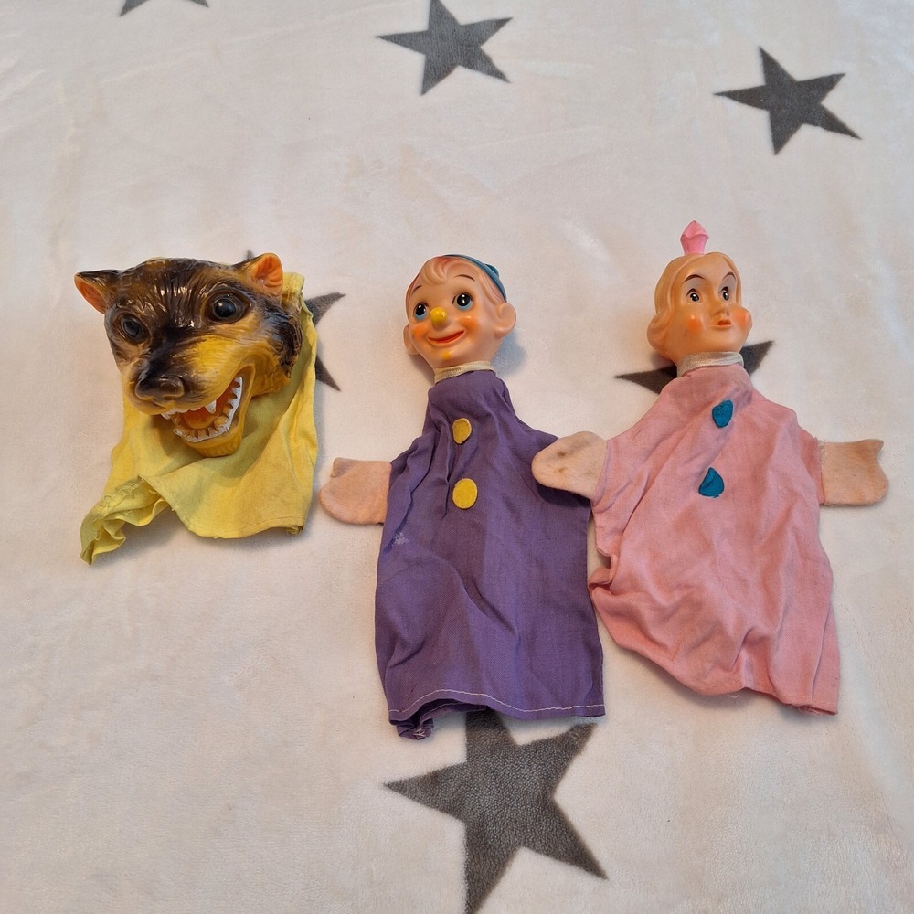Vintage Hand Puppets Lot Of 3-Plastic Heads With Cloth Body-Says Japan